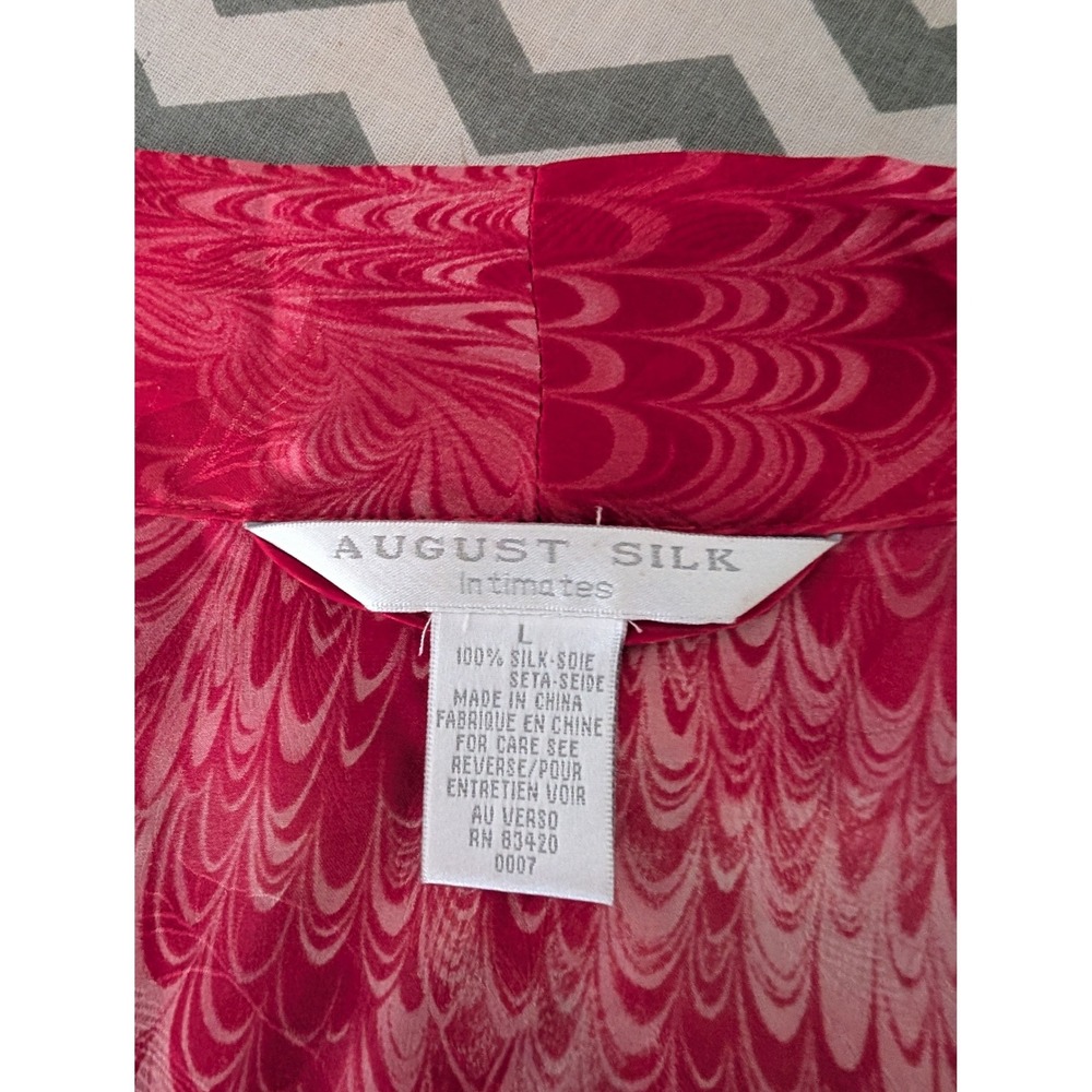August Silk Intimates Red Pink Marbled Feather 100% Silk Long Robe Kimono Large - Picture 2 of 7